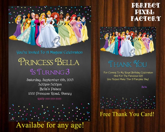 Disney Princesses, Chalk Princess Invitation, Princesses Invitation, Printable Invitation,chalk, Cinderella,Frozen, Sleeping Beauty, Beauty Il_570xn