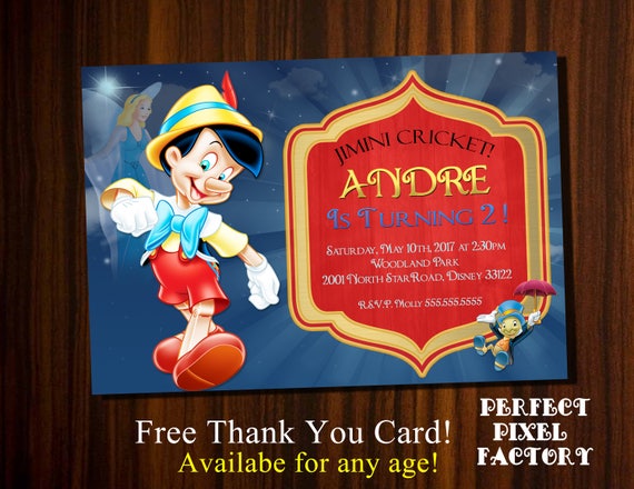 PINOCCHIO INVITATION,Pinocchio Birthday Party,Boys Birthday Invitation,Disney Birthday,Kids Invitation,Birthday Party,Perfect Pixel Factory Il_570xn