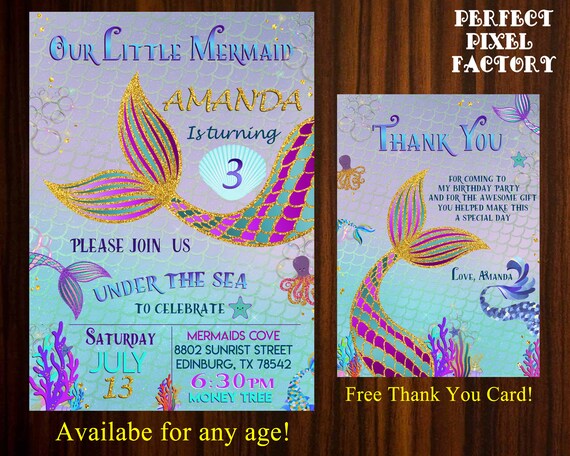 Mermaid Invitation, Under the sea, little mermaid, Mermaids, Glitter, Glitter mermaid, Mermaid tale, Mermaid tale invitation, Mermaids Il_570xn