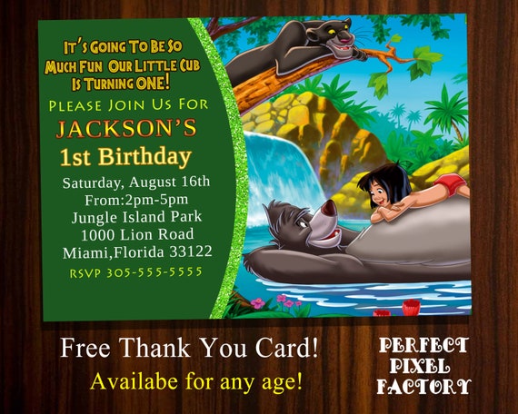 DISNEY'S JUNGLE BOOK, Birthday Invitation,Safari,Jungle,Zoo,Party,Printable Invitation,Made To Order,Diy,Perfect Pixel Factory Il_570xn