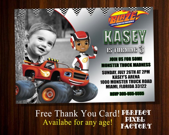 Monster Truck Invitation, Blaze, Blaze and the monster machines, Blaze and AJ, Monster Truck Party,Printable invitation, Custom Invitation, Il_570xn