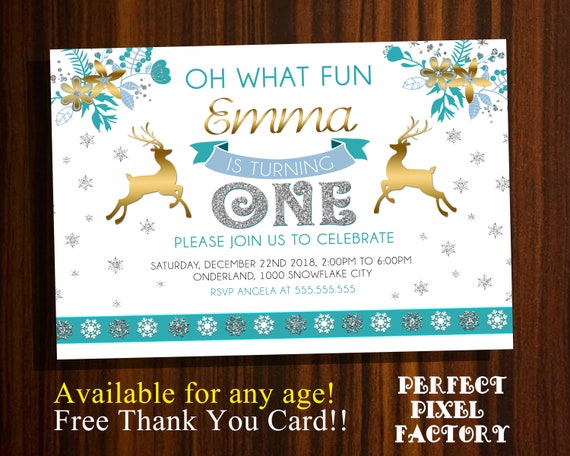 First Birthday, Oh what fun, Turning one, Winter Wonderland, Onederland, Winter invitation, reindeer invitation, Turquoise, Snow, Snowflake Il_570xn