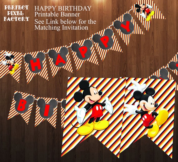 MICKEY MOUSE BANNER, Mickey Mouse,Birthday Banner,Bunting Banner,Pennant Banner,Happy Birthday Banner,Instant Download,Perfect Pixel factory Il_570xn