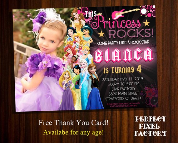 Rock Star Princess invitation, Princess that rocks, Disney Princesses invitation, Rock and Roll invitation, Photo invitation, Photo card Il_570xn