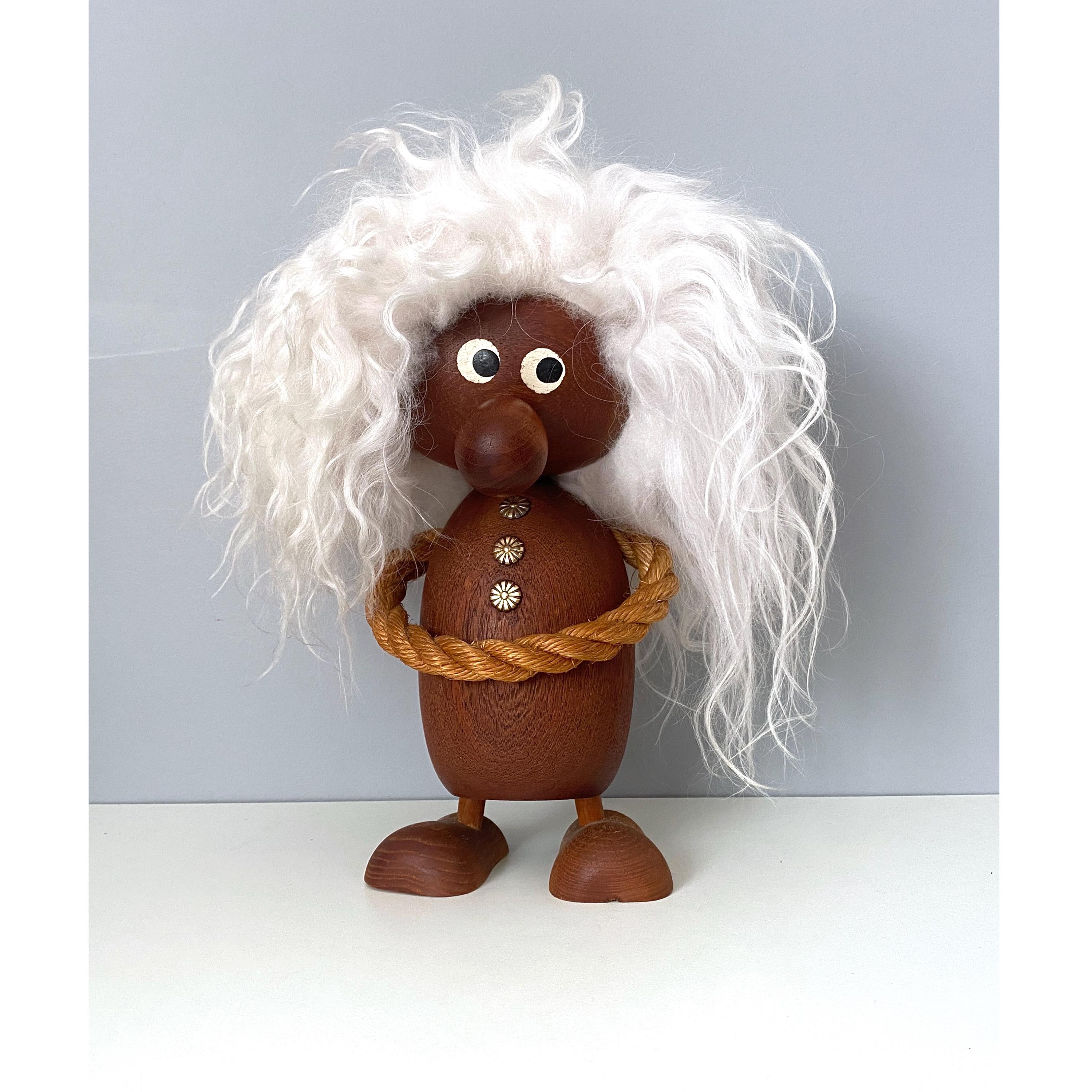 Large vintage 11" tall Teak troll with Icelandic sheepswool hair,  Sweden 1960s