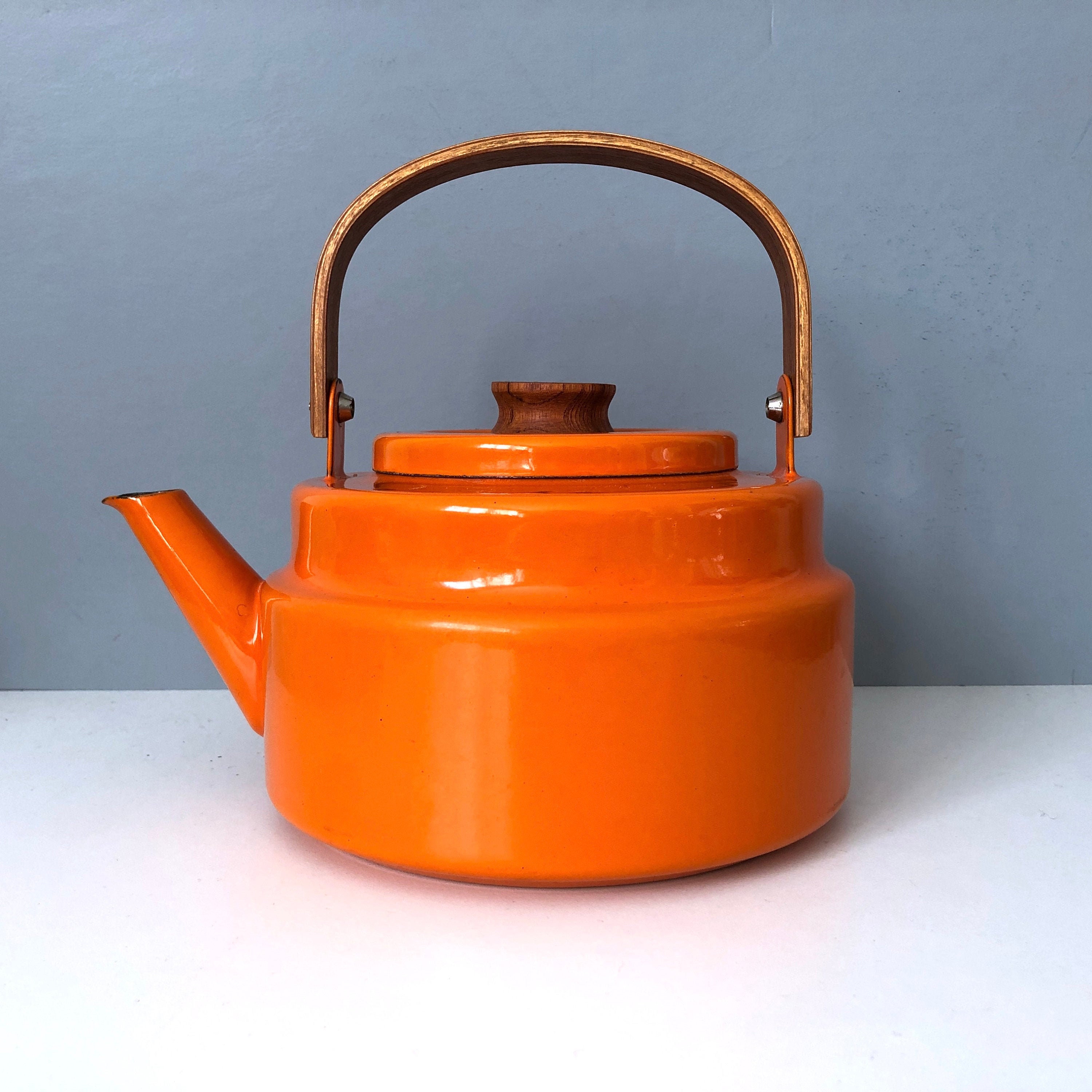 Copco Style Tea Kettle, Bright Orange Enamel With Teak Handle & Knob 