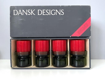 Dansk Quistgaard green glass candleholders PLUS red candles NEVER USED, never burned, in original box