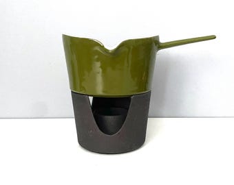 Vintage Copco 113 Sauce bowl and warmer - enameled cast iron, olive green with white interior