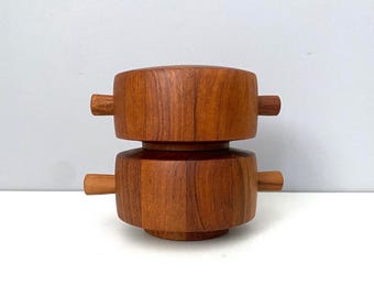 Dansk teak pepper mill #824 with Peugeot grinder, made in Denmark- double barrel style - very clean, excellent condition!