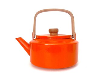 Orange enamel tea kettle Copco style with teak handle PLEASE READ
