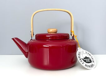NEW cranberry red enamel tea kettle, Copco style, birch handle - mint, never used!