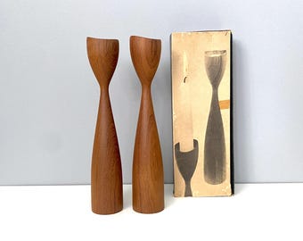 Teak tulip candlesticks Denmark, new old stock in box, never used!
