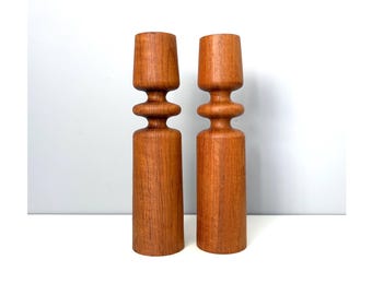 Teak candlesticks, 8" tall Danish Modern style with rounded turnings