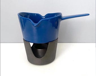 Vintage Copco 113 Sauce bowl and warmer - enameled cast iron, deep blue enamel color
