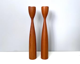 Danish teak tulip candlesticks - Danish Modern style 11 1/2" tall