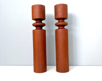 Teak candlesticks, 10" tall Danish Modern style with rounded turnings