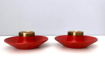 Laurids Lønborg cast iron & brass candleholders - tomato red, very good condition!  Denmark