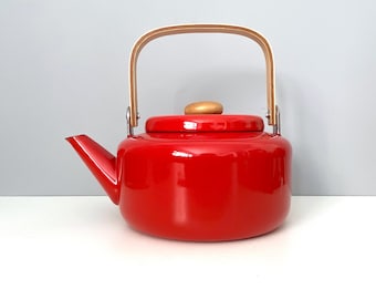Copco style tea kettle, glossy red enamel, pale birch handle - NEW, never used!