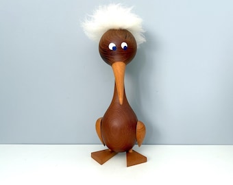 Very big vintage teak bird with crazy eyes  -  made in Denmark!