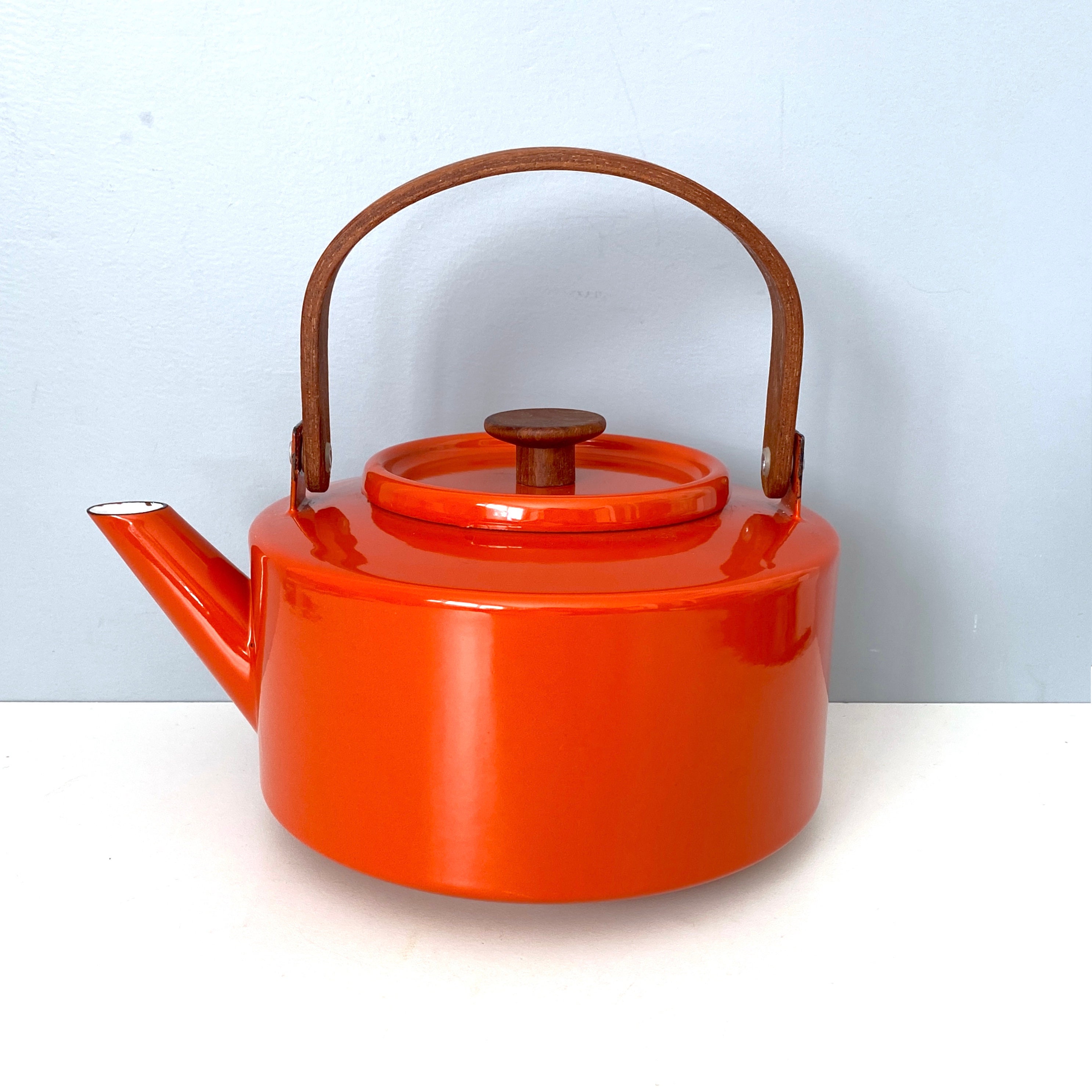 Danish Michael Lax Copco White Enamel Tea Kettle / Pot - Made in Spain -  Mid Century Modern Vintage Retro Design Coffee Pot Wood Handle