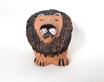 Hand thrown pottery lion figurine by E. Jensen - rustic style