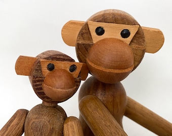Pair of big & little vintage teak/oak jointed monkeys, Bojesen style - Japan
