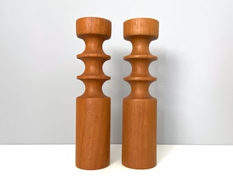 Pair of Brostrum Denmark turned teak candlesticks 8 1/2" tall Scandinavian