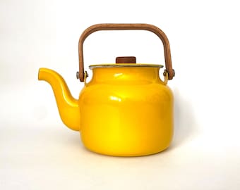 Little sunny yellow enamel tea kettle, Copco style with teak handle