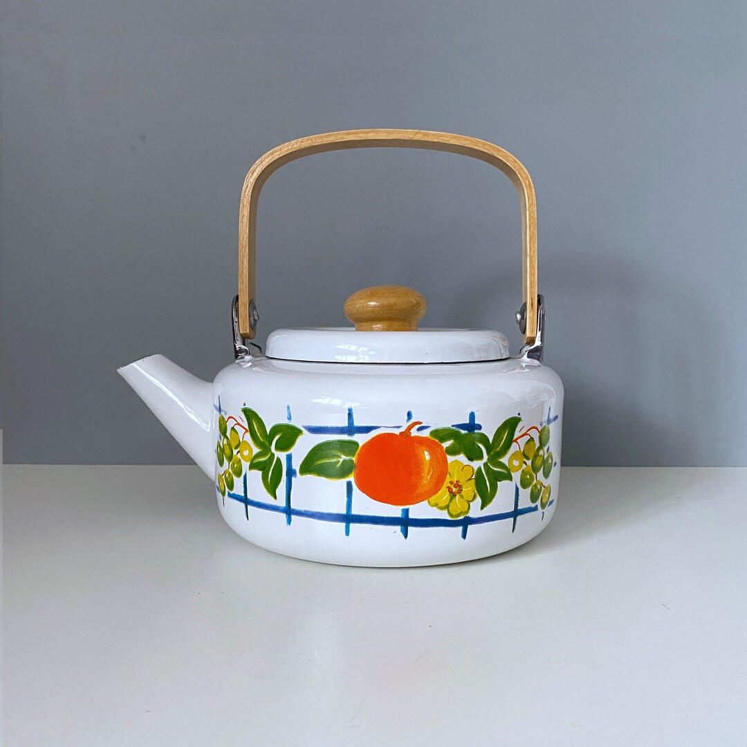 White Enamel Tea Kettle With 40s Style Fruit & Flowers Pale Etsy