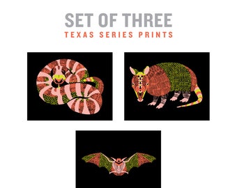 Juego de 3 impresiones, Juego de 3 impresiones de arte de pared, Juego de 3 impresiones de animales, Arte del suroeste, Decoración del suroeste, Armadillo, Serpiente, Murciélago, Suroeste