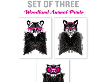 Nursery Decor, wall art, woodland baby shower, Raccoon, Fox, Owl, home decor, nursery, set of 3, woodland nursery, baby shower gift