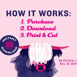 May include: A pink background with the text "HOW IT WORKS:" in navy blue. Below the text are the steps "1. Purchase", "2. Download", and "3. Print & Cut" in pink. A cartoon illustration of a Highland cow with a white face and pink horns is in the lower right corner. A circle with the text "INSTANT HI-RES 300 DPI PDF DOWNLOAD" is in the upper left corner. The text "NO PHYSICAL ITEM WILL BE SHIPPED" is in the lower right corner.