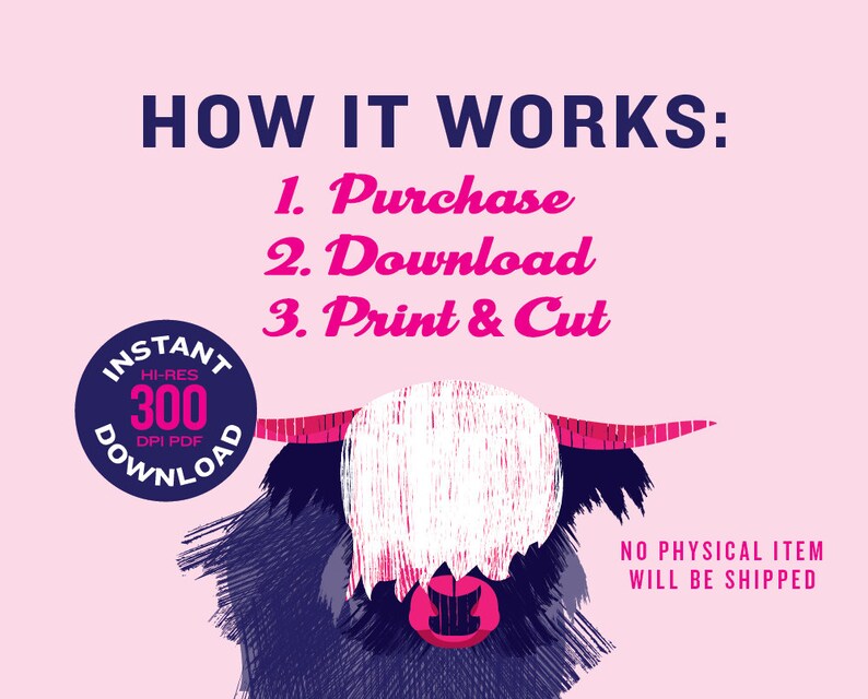 May include: A pink background with the text "HOW IT WORKS:" in navy blue. Below the text are the steps "1. Purchase", "2. Download", and "3. Print & Cut" in pink. A cartoon illustration of a Highland cow with a white face and pink horns is in the lower right corner. A circle with the text "INSTANT HI-RES 300 DPI PDF DOWNLOAD" is in the upper left corner. The text "NO PHYSICAL ITEM WILL BE SHIPPED" is in the lower right corner.