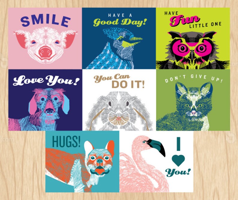 May include: Nine colorful cards with illustrations of animals and positive messages. The cards feature a pig, a blue jay, an owl, a dog, a rabbit, a cat, a french bulldog, a flamingo, and a heart. The messages on the cards include "Smile", "Have a Good Day", "Have Fun Little One", "Love You", "You Can Do It", "Don't Give Up", "Hugs", and "I Love You".