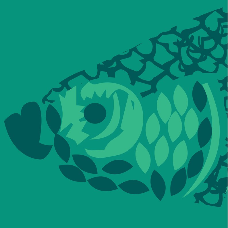 May include: A stylized green and blue fish design with a large eye and scales. The fish is facing left and has a curved tail.