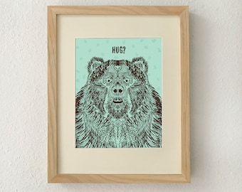 Bear print, Bear art print, Brown bear print, Bear decor, Bear wall art, Bear wall decor, Bear illustration, Grizzly bear, Bear hug, Bear