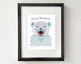 Christmas Bear, Bear Christmas, Bear Christmas decor, Holiday bear, Winter bear, Cross stitch print, Holiday art print, Bear art print