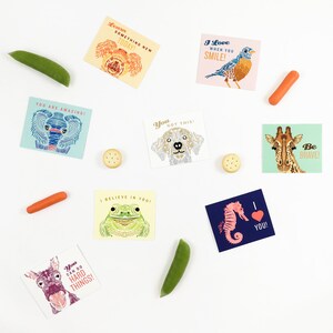May include: A set of ten colorful cards with encouraging messages and illustrations of animals. The cards feature a variety of animals, including a giraffe, a frog, a seahorse, a donkey, a koala, a dog, a bird, and an elephant. The cards are printed on white cardstock and have rounded corners.