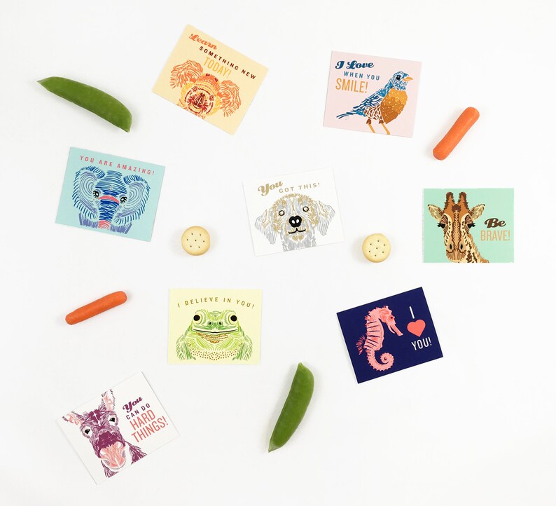 May include: A set of ten colorful cards with encouraging messages and illustrations of animals. The cards feature a variety of animals, including a giraffe, a frog, a seahorse, a donkey, a koala, a dog, a bird, and an elephant. The cards are printed on white cardstock and have rounded corners.