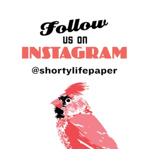 May include: A pink and black cardinal bird illustration with the text "Follow us on Instagram @shortlylifepaper" on a white background.