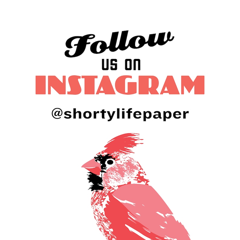 May include: A pink and black cardinal bird illustration with the text "Follow us on Instagram @shortlylifepaper" on a white background.