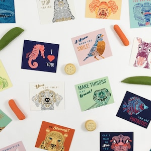 May include: A set of colorful cards with illustrations of animals and inspirational messages. The cards feature phrases like "Make Thissss Day Great!" and "You Got This!"