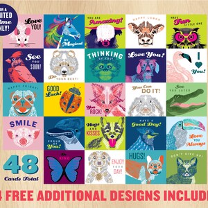 May include: A set of 48 colorful greeting cards featuring various animals and positive messages. The cards are designed with a whimsical, cartoon-like style. The text on the cards includes phrases like "Love You!" and "You Rock!"