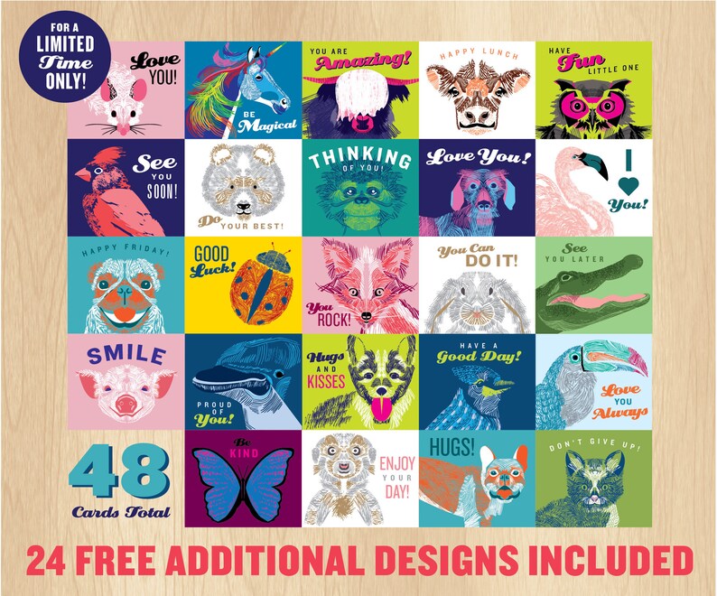 May include: A set of 48 colorful greeting cards featuring various animals and positive messages. The cards are designed with a whimsical, cartoon-like style. The text on the cards includes phrases like "Love You!" and "You Rock!"