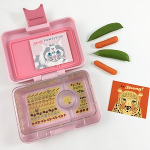 May include: Pink lunchbox with a clear top and a removable divider. The lunchbox has two motivational cards inside. One card features a cat with the text "Stay Pawsitive" and the other card features a leopard with the text "Be Strong!"