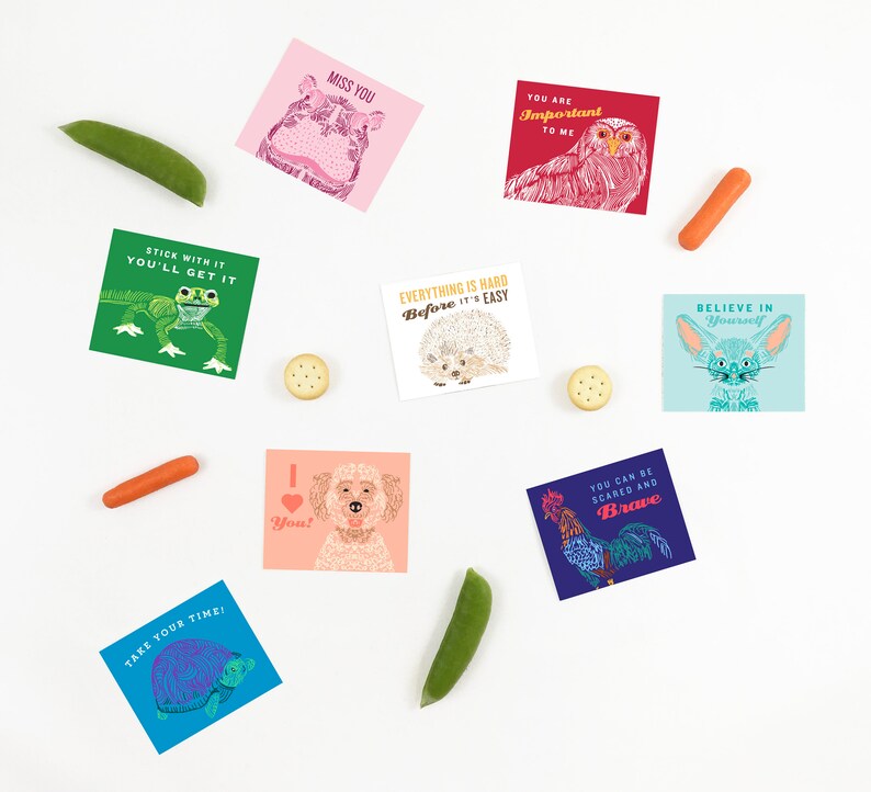May include: Set of ten colorful cards with inspirational messages and illustrations. The cards feature a variety of animals, including a frog, a hedgehog, a rooster, a dog, a turtle, a hippopotamus, an owl, and a fox. The cards are printed on thick cardstock and have a matte finish.