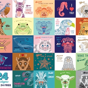 May include: A colorful set of 24 illustrated animal designs with positive messages. Each design features a different animal, such as a bird, giraffe, frog, shark, cat, ostrich, fish, lemur, starfish, chameleon, sheep, and badger. The designs are perfect for creating greeting cards, scrapbooking, or other craft projects.