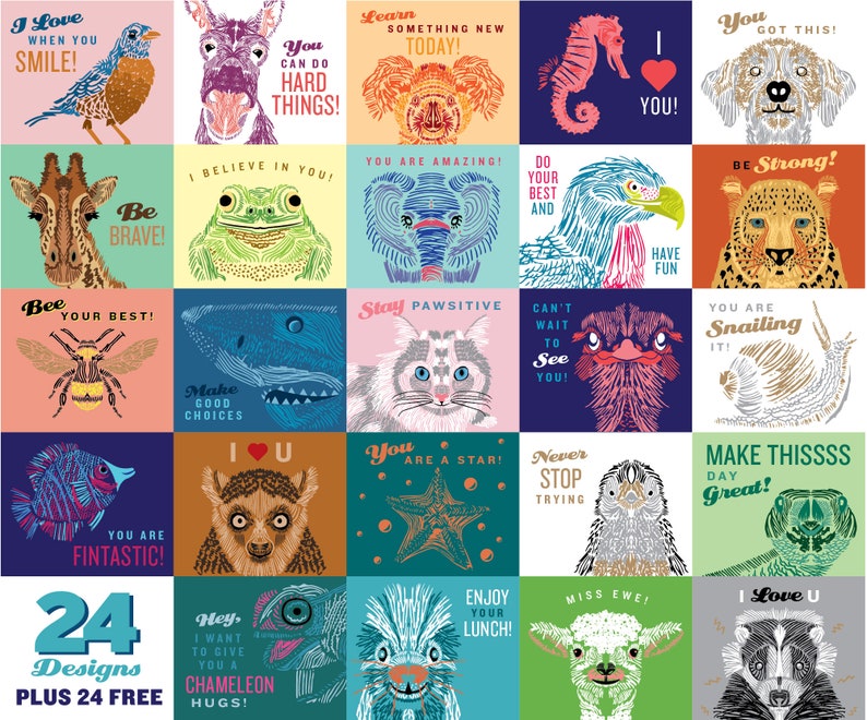 May include: A colorful set of 24 illustrated animal designs with positive messages. Each design features a different animal, such as a bird, giraffe, frog, shark, cat, ostrich, fish, lemur, starfish, chameleon, sheep, and badger. The designs are perfect for creating greeting cards, scrapbooking, or other craft projects.
