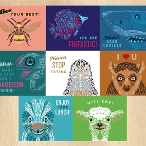 May include: Nine colorful cards with animal illustrations and motivational messages. The cards feature a bee, fish, shark, chameleon, penguin, lemur, hedgehog, and lamb. The messages include "Bee your best!", "You are Fintactic!", "Make good choices", "Hey, I want to give you a chameleon hugs!", "Never stop trying", "I &hearts; U", "Enjoy your lunch!" and "Miss ewe!"