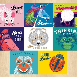 May include: Nine colorful cards with different animal illustrations and positive messages. The cards feature a mouse, unicorn, highland cow, cardinal, panda, monkey, pug, and ladybug. The messages include "Love You!", "Be Magical", "You Are Amazing!", "See You Soon!", "Do Your Best!", "Thinking Of You!", "Happy Friday!", and "Good Luck!"